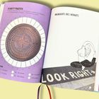 „Schritt-Tracker“ und „Highlights des Monats“. Links ein Kompassmotiv, rechts eine Illustration einer Frau, die Gymnastik macht.