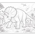 Keine Texte. Dinosaurier-Szene mit einem großen und zwei kleinen Dinosauriern in einer Landschaft mit Bergen und Vögeln am Himmel.