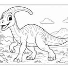 Ein lächelnder Dinosaurier in einer Landschaft mit Palmen, Büschen und einem Vulkan im Hintergrund; Illustration.