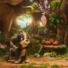 Ein fröhlicher Hund in einer Waldwohnhöhle, umgeben von bunten Blumen und Hängepflanzen.