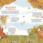 "Was ist im Herbst im Wald so los?" Ein Bär isst, Eichhörnchen sammeln Nüsse, ein Siebenschläfer ruht, und ein Fuchs gräbt.