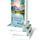 "Buchtitel: 'Töchter des Himalaya'. Autorin: Amelia Martin. Cover: Berge, See, Blumenrahmen; Stapel identischer Bücher."