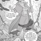 Ein mystischer Arzt in Kleidung, umgeben von Krähen, steht auf einem Berg Münzen. Text beschreibt einen Hexenjäger.