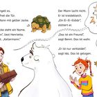 Texte beschreiben eine Szene mit einem Mann in gelber Jacke, einem Eisbär, einer Schildkröte und zwei Kindern. Illustration.