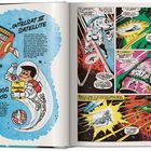 Links steht "INTELSAT III SATELLITE". Rechts ein Comic mit einem Silberhelden im All mit Dialogen und Action-Szenen.