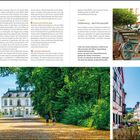 **1. Etappe Köln – Walberberg:** Beschreibung der Sehenswürdigkeiten und Erlebnisse entlang der Route. Oben rechts ist eine Statue einer Frau mit Schubkarre. Unten links ein Weg durch einen Park, unten rechts eine Altstadt mit einem Bach und Cafés.