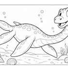 Eine lächelnde, animierte Meeresechse schwimmt fröhlich im Wasser, umgeben von Pflanzen und Muscheln.