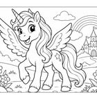 Ein geflügeltes Einhorn mit Sternsymbol steht lächelnd vor einem Schloss, Blumen und einem Regenbogen in einer Märchenlandschaft.