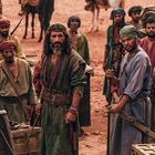 Eine Gruppe von Menschen in traditioneller, bunter Kleidung mit ernsten Gesichtern, umgeben von Kisten und Sand.
