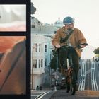 Links sind zwei Nahaufnahmen von Fahrradteilen, rechts fährt eine Person mit Helm ein Fahrrad eine Straße entlang.