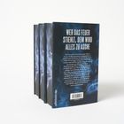 Text: "WER DAS FEUER STIEHLT, DEM WIRD ALLES ZU ASCHE". Vier Bücher stehen aufrecht nebeneinander.
