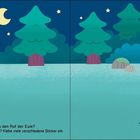 "Im Wald. Huhuuu! Hörst du den Ruf der Eule?" Illustration: Bäume im Wald bei Nacht mit Mond, Sterne, Pilze.