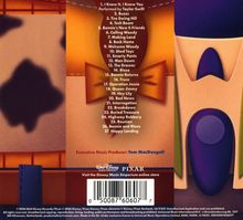 Eine Liste von 27 Liedtiteln und ein bunter Hintergrund mit einem Spielzeug-Thema im Stil von Pixar.
