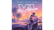 "Grand Theft Auto VI The Album" in weißen Buchstaben. Illustration: Ein Mann und eine Frau lehnen an einem Auto bei Sonnenuntergang.