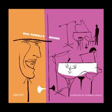 "Bud Powell's Moods" steht groß in der Mitte, darunter Zeichnungen von Musikern und Instrumenten in einem farbenfrohen Design.