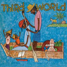 "Third World" steht in bunten Buchstaben. Eine Illustration zeigt Menschen in einem Holzboot auf blauem Hintergrund. Eine blaue Vinylplatte ist sichtbar.