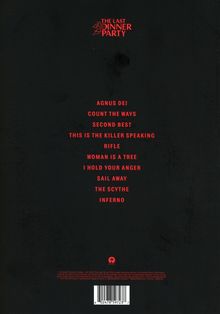 "The Last Dinner Party" steht oben, darunter Titel wie "Agnus Dei" und "Inferno". Schwarzer Hintergrund, rote Schrift.