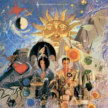 "Tears for Fears the seeds of love" oben, surrealistische Szene mit Sonne, zwei Personen, Blumen und diversen Objekten.