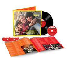 Ein Album-Thema mit "The Monkees" Logo, zwei CDs, ein schwarzes Vinyl und ein buntes Booklet mit Texten und Bildern.