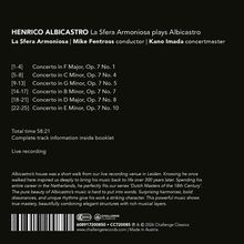 "Henrico Albicastro, La Sfera Armoniosa plays Albicastro: Konzerte, Op. 7, Nr. 1-10. Gesamtzeit 58:21. Liveaufnahme. Beschreibung der Musik."