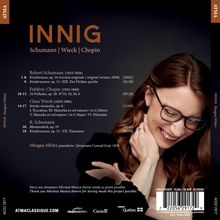 „INNIG: Schumann | Wieck | Chopin“ steht oben links. Eine lächelnde Frau mit Brille ist rechts zu sehen.