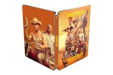 "VAN DAMME INFERNO" in großen gelben Buchstaben. Zwei Illustrationen zeigen eine bewaffnete Gruppe auf Motorrädern.