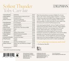 "Softest Thunder" und "Toby Carr lute" stehen oben. Rechts ist das Logo von Delphian. Eine Trackliste mit 21 Titeln.