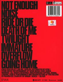 "NOT ENOUGH NOISE RIDE OR DIE DEATH OF ME TWILIGHT IMMATURE OVERFLOW GOING HOME." Schwarzer Text auf rotem Hintergrund.