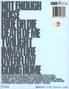 Großer, fettgedruckter Text: NOT ENOUGH, NOISE, RIDE OR DIE, DEATH OF ME, TWILIGHT, IMMATURE, OVERFLOW, GOING HOME.
