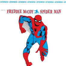 "FREDDIE McCOY SPIDER MAN" in roter Schrift; Illustration von Spider-Man in Actionpose.