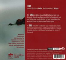 "DNA: Anouchka Hack Cello, Katharina Hack Piano. Leben in Künstlerfamilien, Kreativität im Fokus. Werke von Dvořák, Schumann..." Links eine Geige. Logos unten.