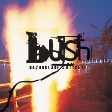 Der Text "bush" und "Razorblade Suitcase" ist über einem großen Feuer zu sehen. Im Hintergrund ist ein Fluss bei Nacht.