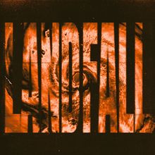 Text "LANDFALL" überlagert einen atmosphärischen Wirbelsturm in kräftigen Orange- und Schwarztönen.