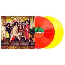 "The Darkness", "Crock of Hits". Cover: Vier Personen in Bademänteln in retro Küche. Zwei bunte Vinylplatten.