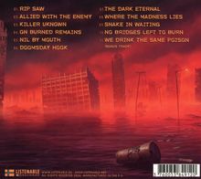 11 Songtitel, darunter "RIP SAW" und "WE DRINK THE SAME POISON". Hintergrund zeigt eine apokalyptische Stadtlandschaft bei Sonnenuntergang.