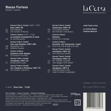 **Texte:**  
- Titelseite mit Musikstücken von "Basso Furioso"
- Komponisten: "Handel / Caldara"  
- Orchester: "La Cetra Basel"  
- Leitung: "Andrea Marcon"  
- Weitere Künstler: "José Coca Loza"  
- Gesamtdauer: "71:05"  
- Enthaltene Werke und Titel sind aufgelistet mit Nummerierung.  
  
**Visuelles:**  
- Linke und mittlere Spalte: Auflistung der Musikstücke.  
- Oben rechts befindet sich ein Logo.  
- Unten sind Logos und Barcode.