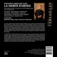 "STEANO LANDI (1587-1639) LA MORTE D'ORFEO" steht oben. Ein Mann im Anzug steht vor einem reich verzierten Hintergrund.