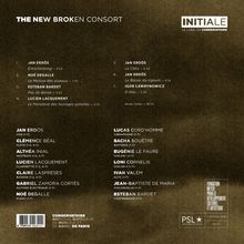 "The New Broken Consort", "INITIALE", "Jan Erdős", "Noé Degalle". Liste von Musikstücken und Musikern auf braunem Hintergrund.