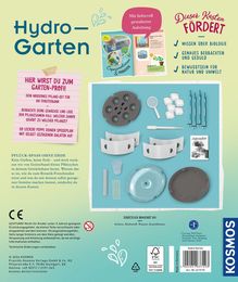 "Hydro-Garten" oben in großen Buchstaben, enthält Bild von Pflanzmaterialien, Illustration einer Anleitung und Texte zu Gartenbau.