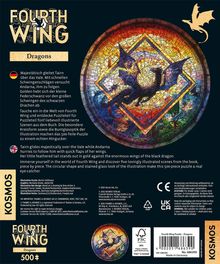 "Fourth Wing: Dragons," 500-teiliges Puzzle, zeigt majestätische Drachenflüge und farbenfrohe Szenen in Glasoptik.