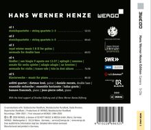 "HANS WERNER HENZE, WERGO. 5 CDs mit Streichquartetten, Gitarren- und Klavierwerken. Logos von Institutionen und ein Barcode."