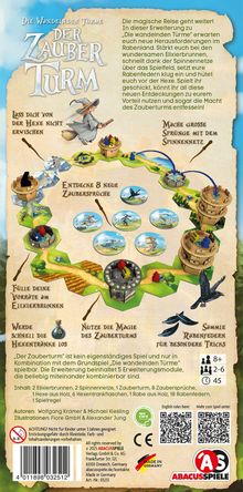 Ein Spiel namens "Der Zauber Turm". Enthält Anweisungen wie "Lass dich von der Hexe nicht erwischen" und "Entdecke 8 neue Zaubersprüche". Ergänzung zu einem anderen Spiel. Empfohlen ab 8 Jahren. Illustrationen mit Hexen und Burgen. Logo von ABACUSSPIELE.