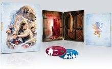 „NARNIA THE LION, THE WITCH AND THE WARDROBE” auf metallischer Verpackung. Illustration mit Löwe und Charakteren.