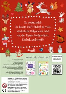 Es weihnachtet! In diesem Heft findest du viele winterliche Dekosticker rund um das Thema Weihnachten. Einfach zauberhaft!  
Illustrationen von Tieren in Weihnachtskleidung umrahmen den Text. Unten sind Produkte und ein QR-Code abgebildet.