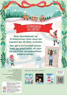 "Stickerspaß im Advent" und Beschreibung eines Adventskalenders. Illustration mit Zug und Kind in Winterkleidung.