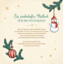 Ein zauberhaftes Malbuch für die Winterzeit. Illustration mit Schneemann, Tannenzweig und Weihnachtsbaumkugel.