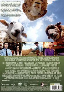 Oben: Schafe schauen neugierig in die Kamera. Unten: Texte und Credits zu einem Mystery-Film.