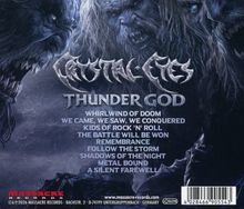 "Crystal Eyes" in kunstvollem Schriftzug, darunter "Thunder God". Dunkle Illustration mit finster aussehenden Kreaturen.