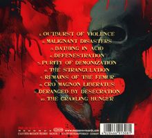 1. OUTBURST OF VIOLENCE  
2. MALIGNANT DISASTERS  
3. BATHING IN ACID  
4. DEFENESTRATION  
5. PURITY OF DEMONIZATION  
6. THE STRANGULATION  
7. REMAINS OF THE FEMUR  
8. CRO MAGNON LIBERATUS  
9. DERANGED BY DESECRATION  
10. THE CRAWLING HUNGER  

Düsteres Gemälde mit schwarzem Schädel und roten Akzenten.