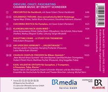 "OBSCURE, CRAZY, FASCINATING CHAMBER MUSIC BY ENJOTT SCHNEIDER" mit Titel- und Interpretenliste. Links violett, rechts Textblock.
